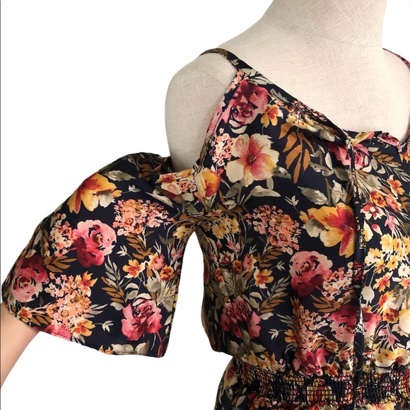 EUC Everly Cold shoulder Silk Fall Floral Foliage Romper - Picture 8 of 10